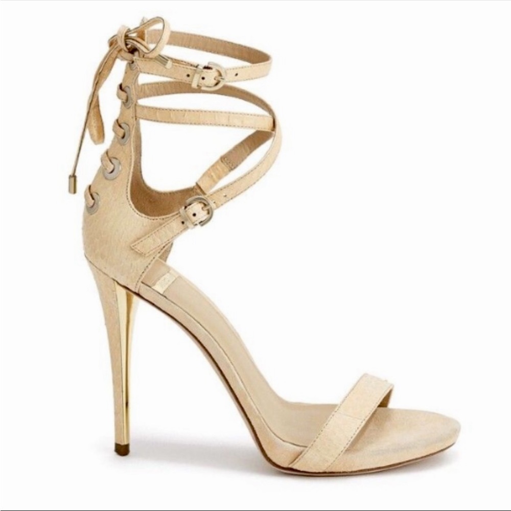 MARCIANO Beige Strappy Heel with Gold Hardware Detail & Leather Sole